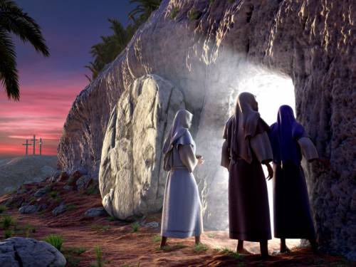 3 women standing at the bright empty tomb of Jesus Christ early Sunday morning, with Golgotha in the background.