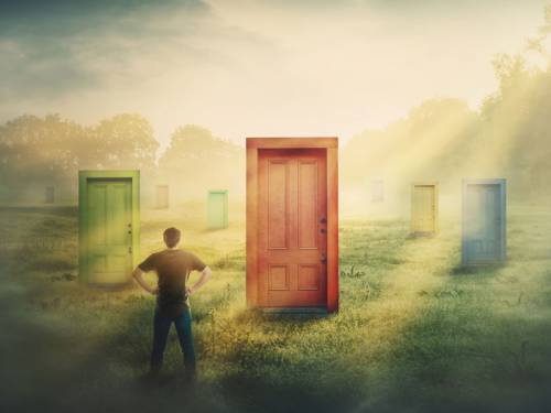 Illustration of a man looking at several doors trying to decide which to enter