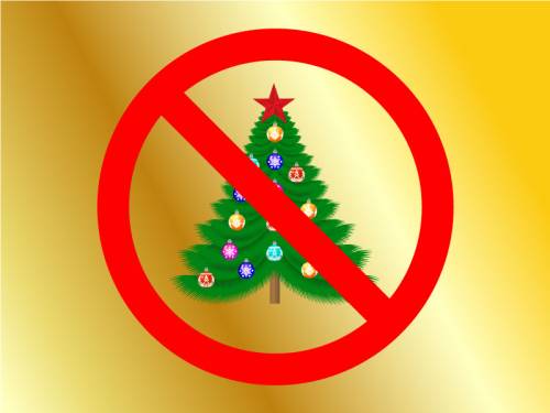 Illustration of a Christmas tree with an international "no" symbol — a red circle with a diagonal slash through it